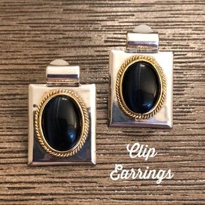 Square Clip Earrings Black Glass Oval Cats Eye
